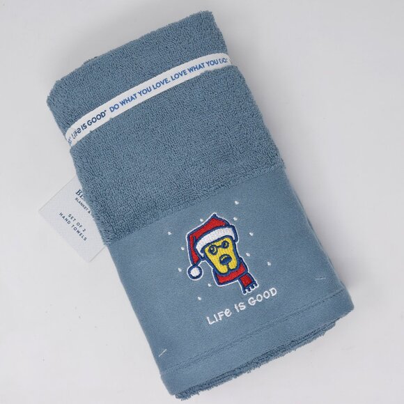 Life Is Good Dog Holiday Towels Blue Embroidered Winter Christmas Santa Set New - Picture 2 of 11
